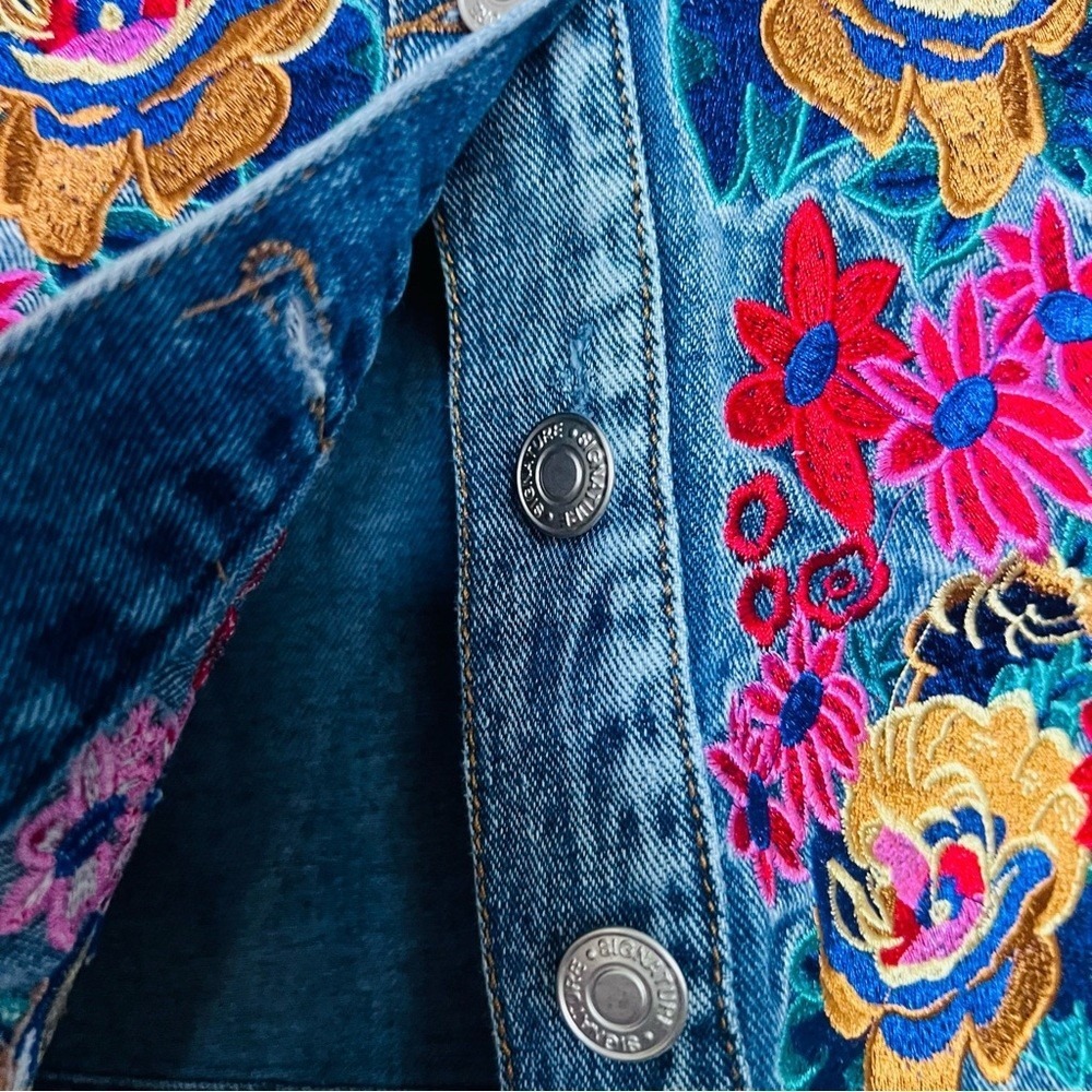Boho Hipster Y2K Floral Denim Mini Skirt by Signature 8 Embroidered Blue SZ S - Picture 6 of 10